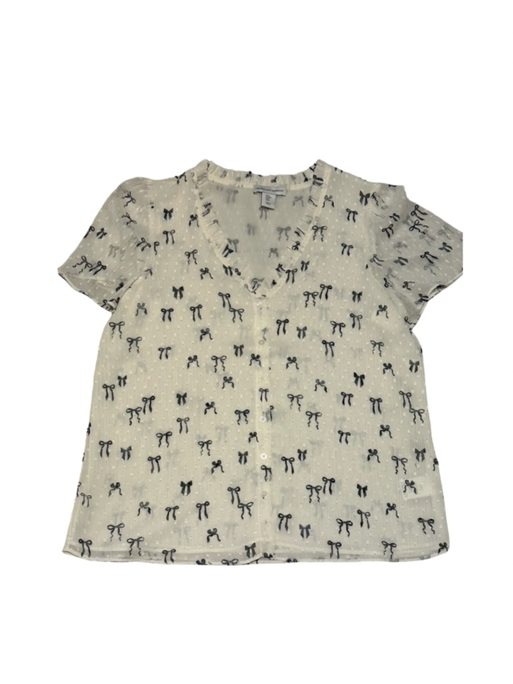 Cupcakes and Cashmere Bow Print Sheer Blouse Ruffle V Neck Medium